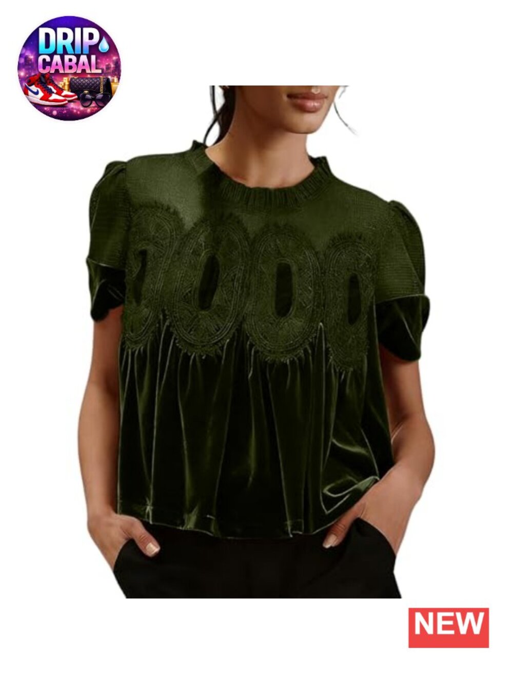 Velvet Lace Babydoll Blouse Pleated Flared Swing Short Sleeve Women's Top